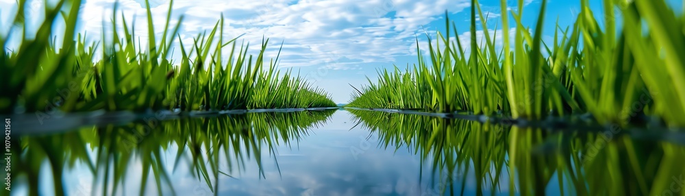 Obraz premium Vertical rice plants reflected in calm water, surreal and symmetrical