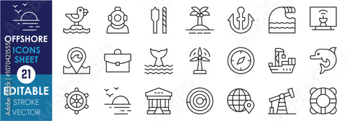 A set of line icons related to Offshore. Seagull, anchor, drill, waves, map, ship, compass, diving helmet, and so on. Vector editable stroke.