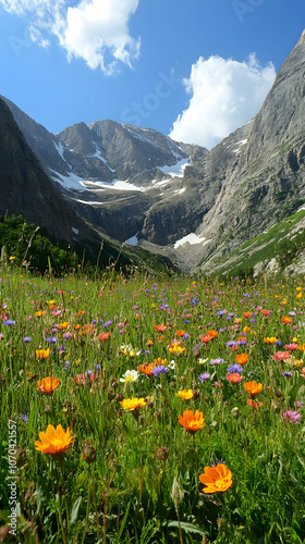 A vibrant meadow of wildflowers blooms in the shadow of snow-capped mountains.