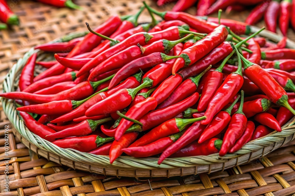 Fiery red chilies arranged artfully on a woven bamboo tray, a panoramic view. Fiery red chilies arranged artfully on a woven bamboo tray, a panoramic view.