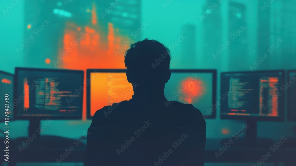 A silhouette is seen in front of glowing computer screens displaying code, set against a backdrop of a futuristic cityscape with vibrant colors. A silhouette is seen in front of glowing computer screens displaying code, set against a backdrop of a futuristic cityscape with vibrant colors.