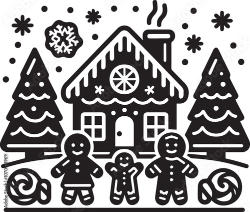 Happy Gingerbread Man and Charming Gingerbread House. A whimsical black and white illustration of a smiling gingerbread man standing beside a decorated gingerbread house with snow on the roof.