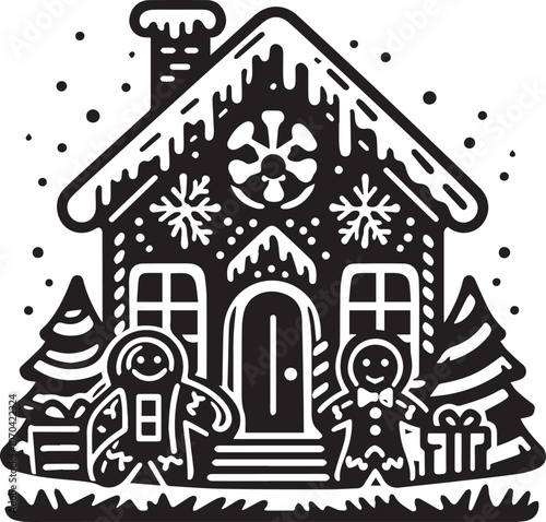 Happy Gingerbread Man and Charming Gingerbread House. A whimsical black and white illustration of a smiling gingerbread man standing beside a decorated gingerbread house with snow on the roof.