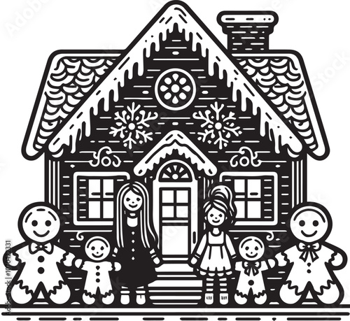 Happy Gingerbread Man and Charming Gingerbread House. A whimsical black and white illustration of a smiling gingerbread man standing beside a decorated gingerbread house with snow on the roof.