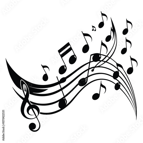 wave of musical notes black note on white background