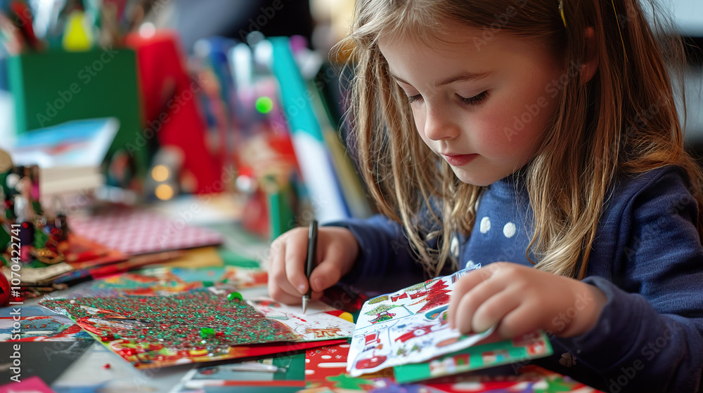 Fototapeta premium Child Crafting Handmade Christmas Cards for the Holidays