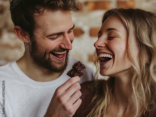 Smiling couple sharing a chocolate dessert.