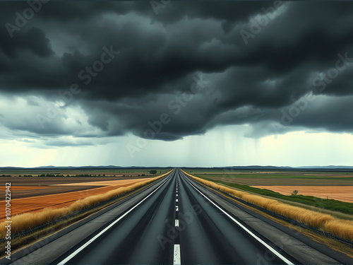 An empty road stretches ahead, framed by dark storm clouds looming ominously in the background.