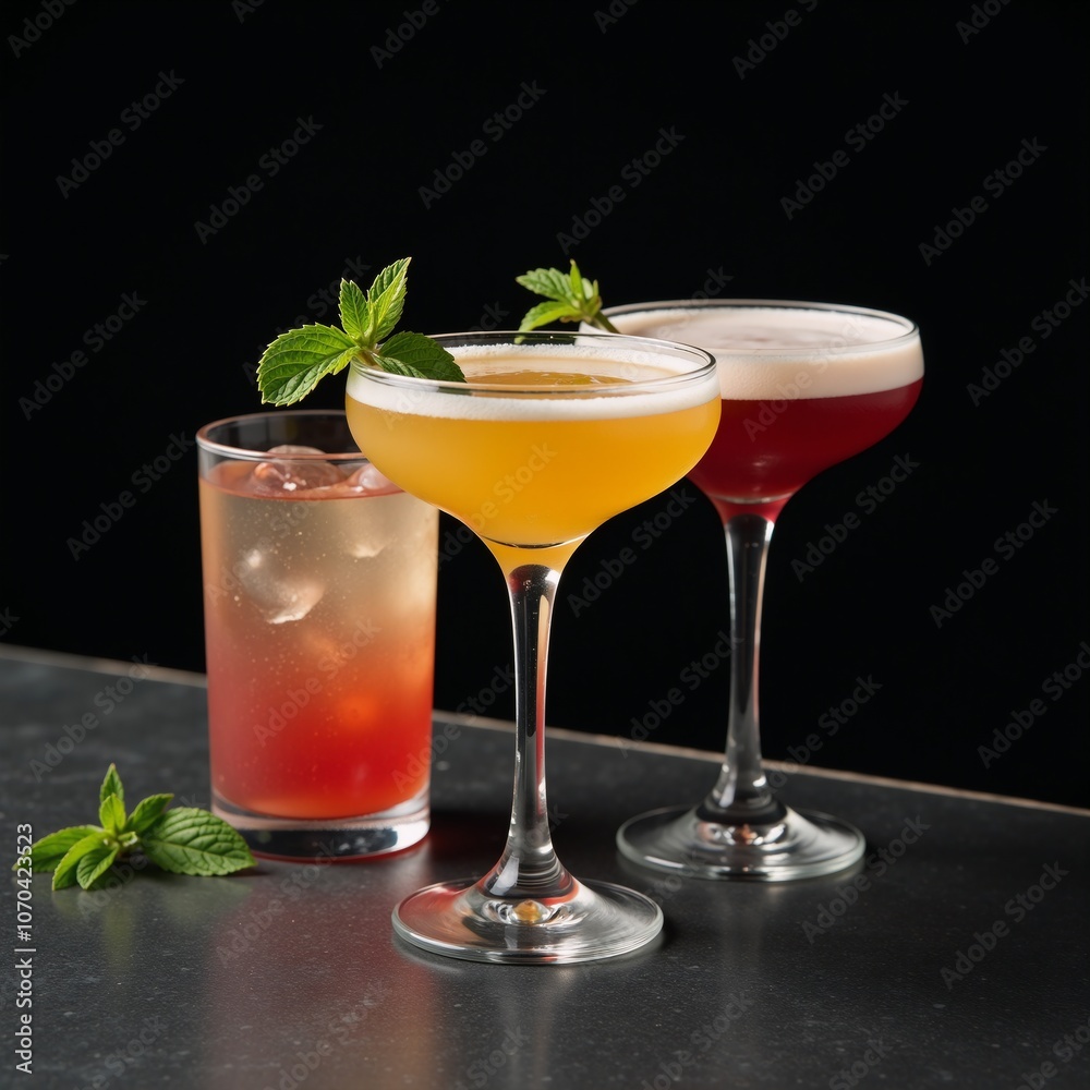 Vibrant fresh-minted cocktail trio against a sleek dark bar setting Vibrant fresh-minted cocktail trio against a sleek dark bar setting