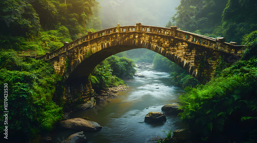 An ancient stone bridge arches over a misty river in a lush green jungle.