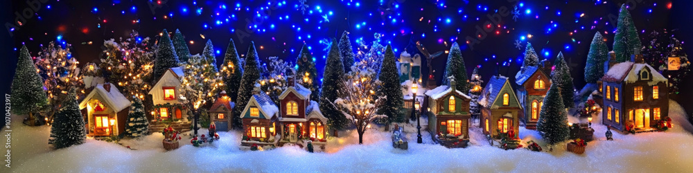 Fototapeta premium Festive Miniature Village Decorated for Christmas Night