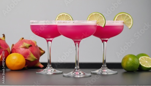 Three cocktail glasses adorned with lime dragon fruit and oranges as decorative accents containing a refreshing pink drink with salt-rimmed glasses photo