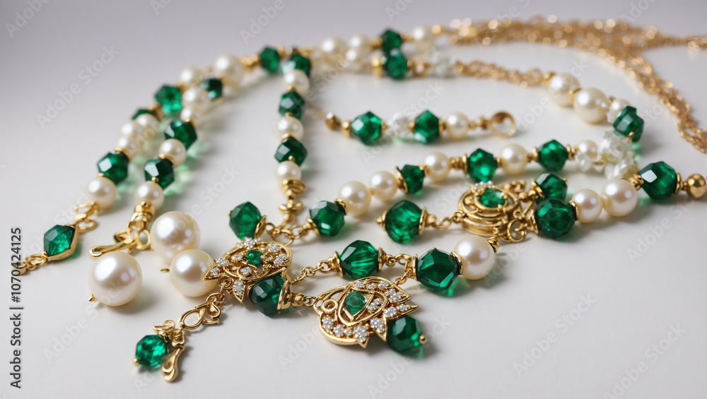 Several necklaces with green and white beads, gold accents, and a decorative pendant.
Several necklaces with green and white beads, gold accents, and a decorative pendant.