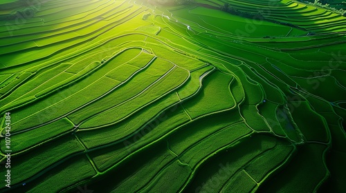 A sunrise over a vast rice paddy, where the sun casts a warm golden light over the lush green fields. photo