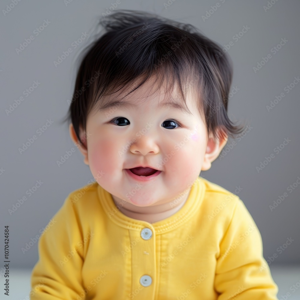 Adorable Korean baby with black hair in a yellow outfit smiling warmly at the camera. Expressive portrait capturing innocence and joy. Adorable Korean baby with black hair in a yellow outfit smiling warmly at the camera. Expressive portrait capturing innocence and joy.