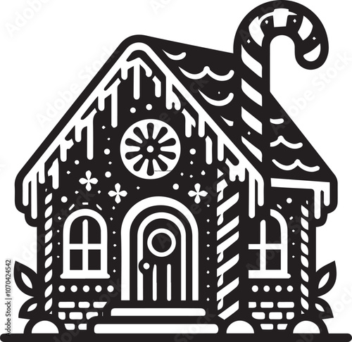 Charming gingerbread house with festive decorations. A whimsical black and white illustration of a gingerbread house, adorned with icing, hearts, and crosses.