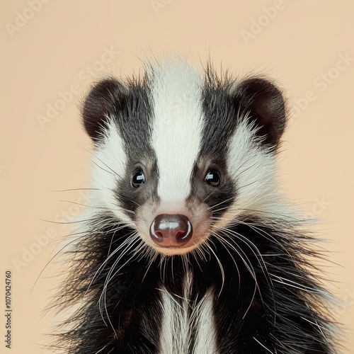 Studio portrait of a skunk, Mephitis mephitis, against a neutral background showcasing its unique fur patterns. photo