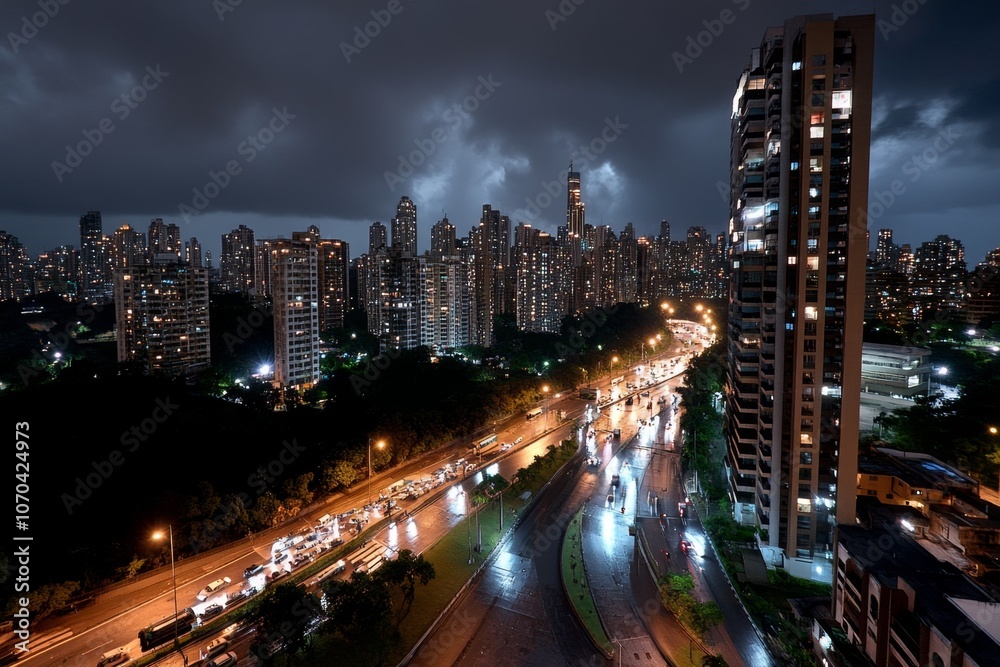 A nighttime view of a city with buildings lit up, cars on the roads, and bright street lamps illuminating the streets A nighttime view of a city with buildings lit up, cars on the roads, and bright street lamps illuminating the streets