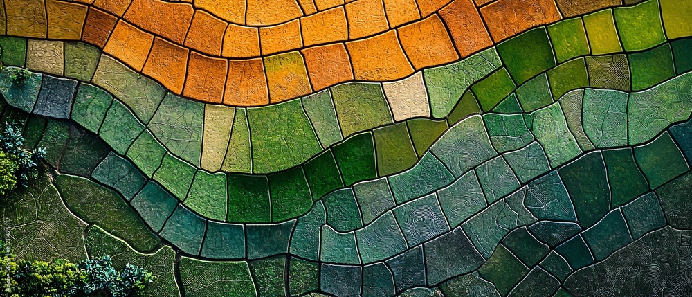 Obraz premium Birds-eye view of rice paddies forming an intricate natural mosaic, rich earth tones, and lush greenery