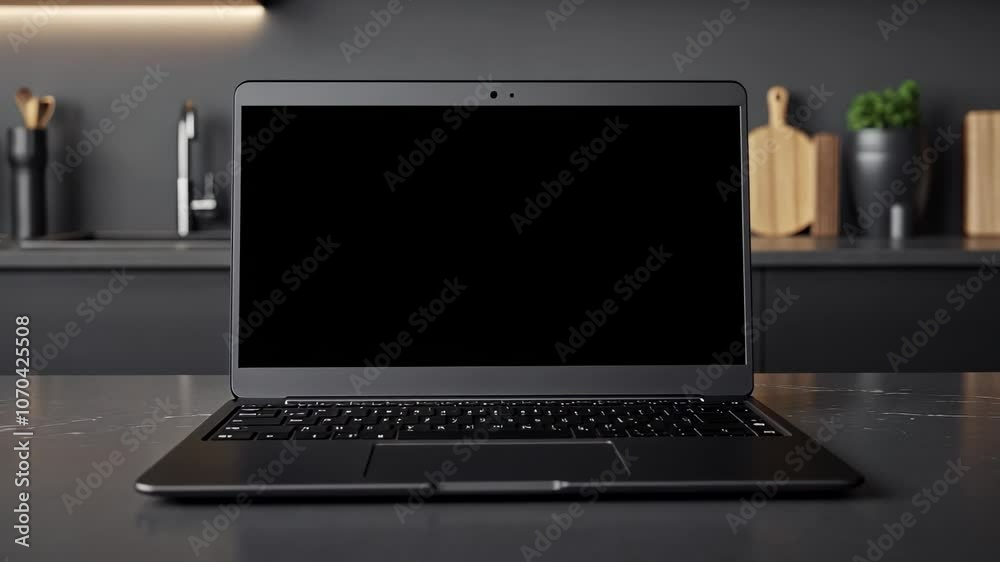 Black Laptop on a Dark Countertop, computer, notebook, technology, device, screen Black Laptop on a Dark Countertop, computer, notebook, technology, device, screen