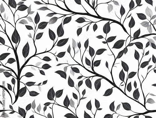 Black and White Tree Branches with Leaves Pattern