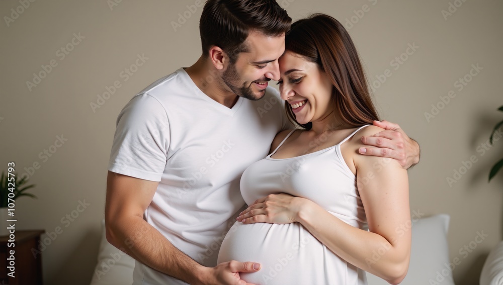 Happy couple sharing tender moments at their cozy home as the expecting mother is embraced by her loving husband Happy couple sharing tender moments at their cozy home as the expecting mother is embraced by her loving husband
