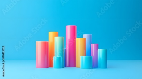 A 3D performance report in the form of a layered bar chart with gradient colors, aligned in an organized structure on a calm blue background, 4k resolution, no background, no shadow