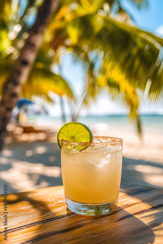 Margarita with Lime Wedge on Tropical Beach Margarita with Lime Wedge on Tropical Beach