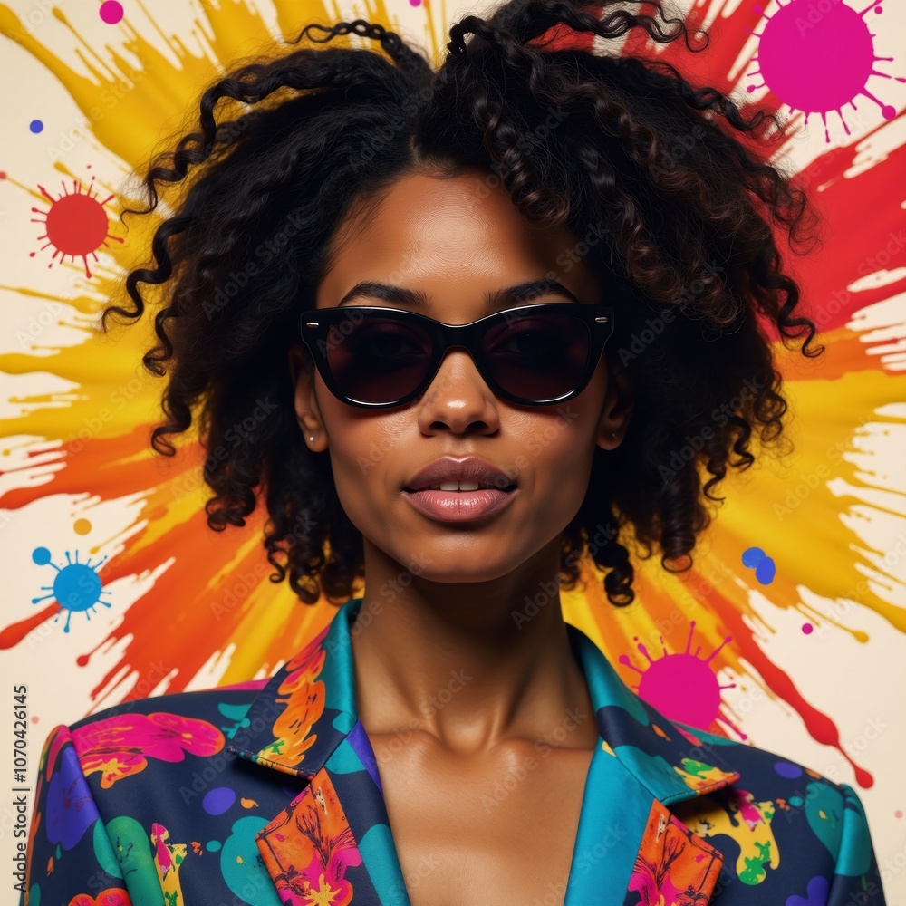 Fototapeta premium Modernist African American Woman portrait featuring vibrant colors abstract elements and paint splatters