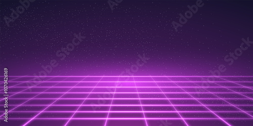 Neon purple grid background. Pink digital game pattern. Abstract futuristic vector illustration. Magenta wireframe perspective backdrop.