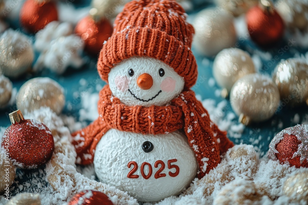 Obraz premium Cheerful Snowman in Red Hat and Scarf with 2025 Sign Amid Snowy Holiday Decor Generative AI