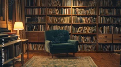 Cozy vintage reading room with blue armchair and warm lighting