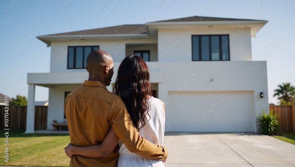 Happy African American couple poses at the back of their new sleek modern residence - symbolizing buying ones dream home and mortgagehome loan accomplishment Happy African American couple poses at the back of their new sleek modern residence - symbolizing buying ones dream home and mortgagehome loan accomplishment