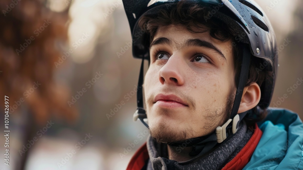Young man in a helmet gazes upward, contemplating nature during a cool outdoor adventure on a winter day