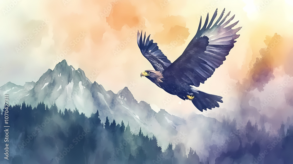 Naklejka premium Dynamic watercolor image of a majestic eagle soaring high against the backdrop of a dramatic mountain range. Majestic. Illustration