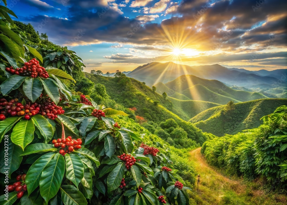 Fototapeta premium Lush green slopes embrace vibrant Arabica coffee beans under the Thai sun.