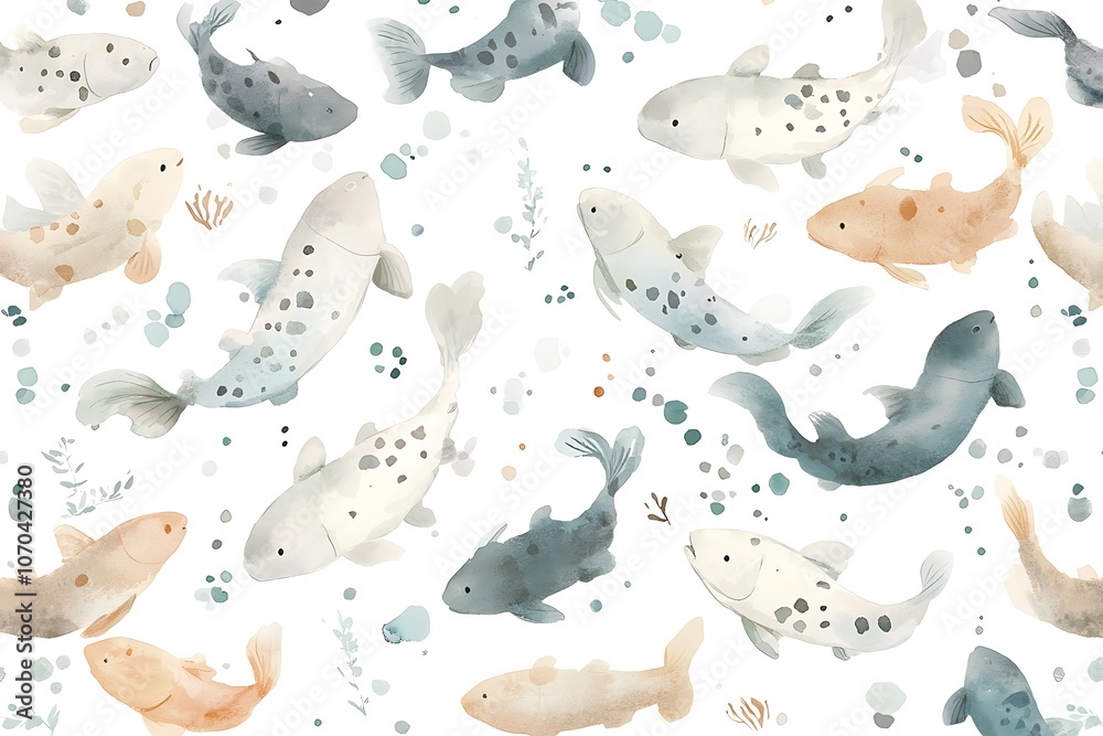 Watercolor Seamless Pattern of Koi Fish in a Pond. Watercolor Seamless Pattern of Koi Fish in a Pond.