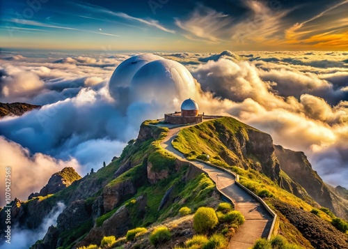 Majestic clouds envelop Pico do Arieiro's radar dome, Madeira. photo