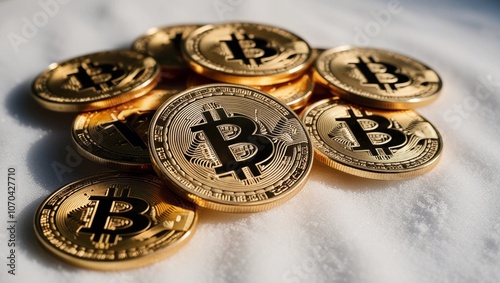 a close up of a coin Bitcoin on a white background photo