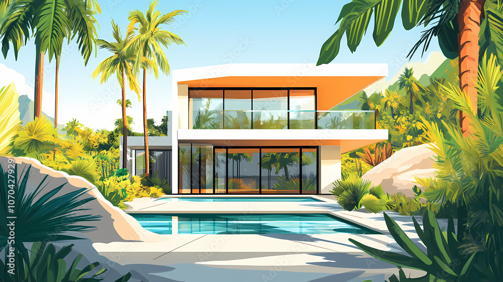 Fototapeta premium Exquisite modern villa with sleek lines, vast windows, and lush greenery, nestled among majestic palm trees in a serene landscape. Majestic. Illustration