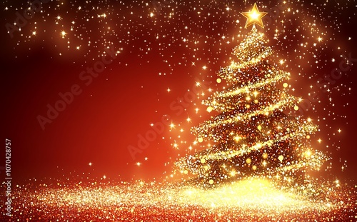 Golden Christmas tree on a red background with bokeh lights and glitter. Golden Christmas tree on a red, abstract, glowing background with shiny stars. Shiny Christmas tree background 