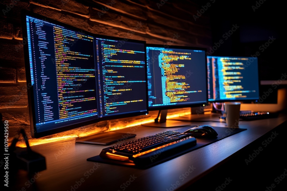 Background of a computer coding setup with multiple screens displaying lines of code Background of a computer coding setup with multiple screens displaying lines of code