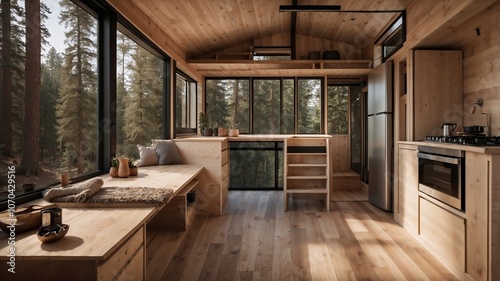 light-flooded tiny house interior in an rural forest. Generative AI.