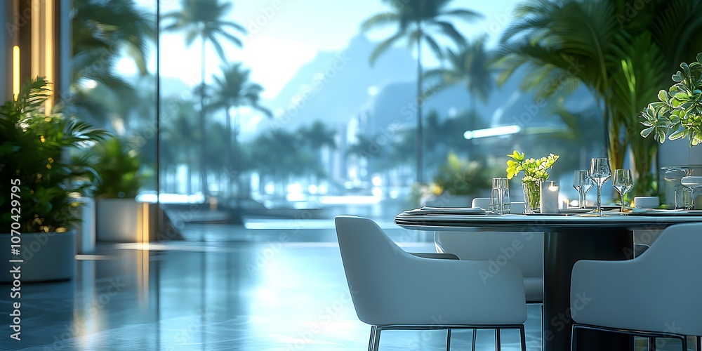 Fototapeta premium A serene dining area with elegant decor and a tropical view.