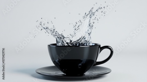 A black cup splashes water, showcasing dynamic motion and fluidity.