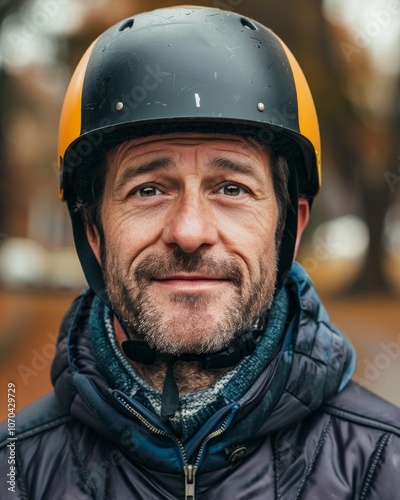 A smiling man in a helmet enjoys an autumn day in a park, showcasing his cheerful personality amidst colorful foliage