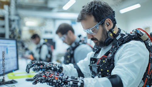 Engineers in lab fine tuning robotic exoskeletons, focusing on precision and innovation. team collaborates closely, showcasing advanced technology and teamwork in modern setting photo