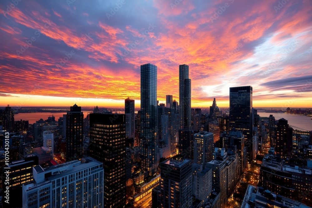 Obraz premium Cityscape background at sunset, with realistic skyscrapers and a colorful sky filled with shades of orange and pink