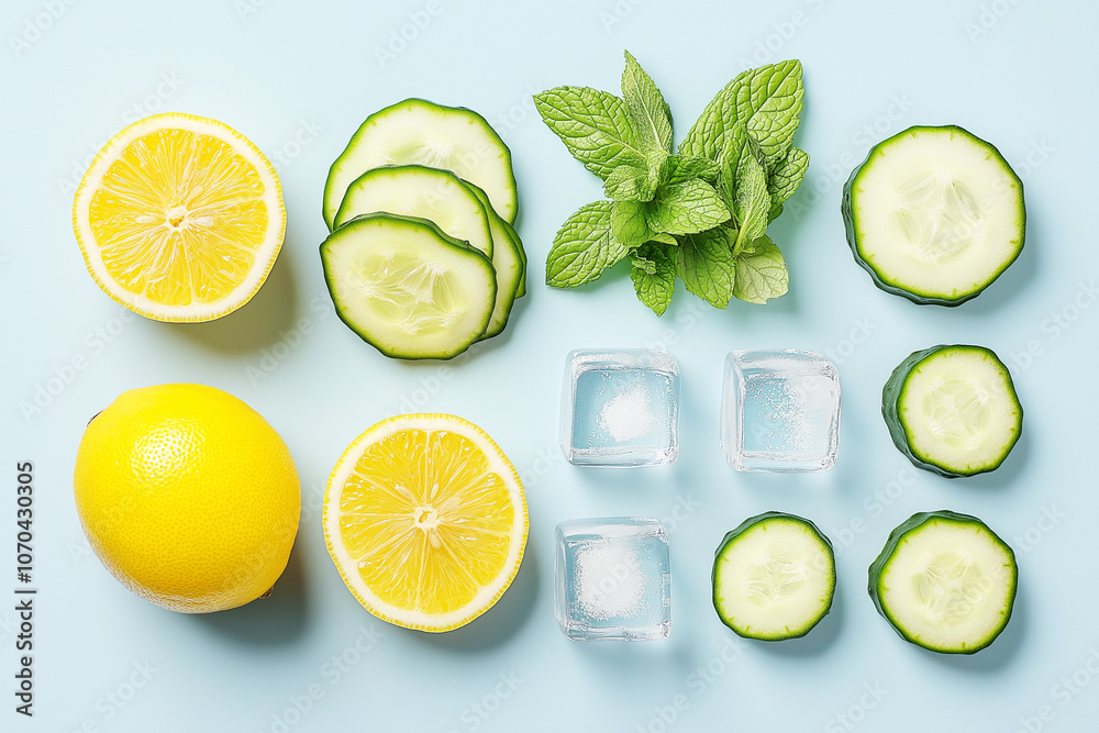 A flat lay of citrus fruits, cucumber, mint, and ice cubes A flat lay of citrus fruits, cucumber, mint, and ice cubes