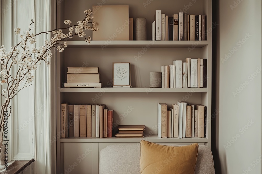 Cozy reading nook with a minimalist bookshelf filled with neutral-toned books and a floral arrangement in a soft-lit room. Generative AI Cozy reading nook with a minimalist bookshelf filled with neutral-toned books and a floral arrangement in a soft-lit room. Generative AI